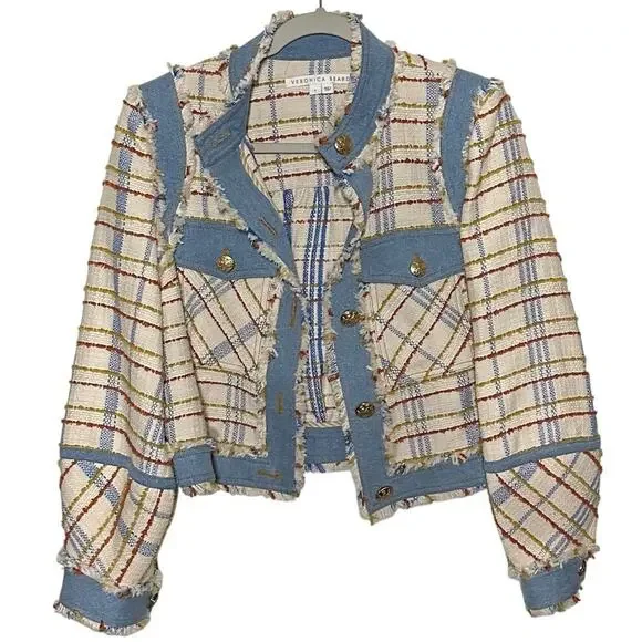 Veronica Beard Women's Nilaja Jacket Multicolor Size 4 Plaid Tweed Denim Trim - Picture 3 of 15